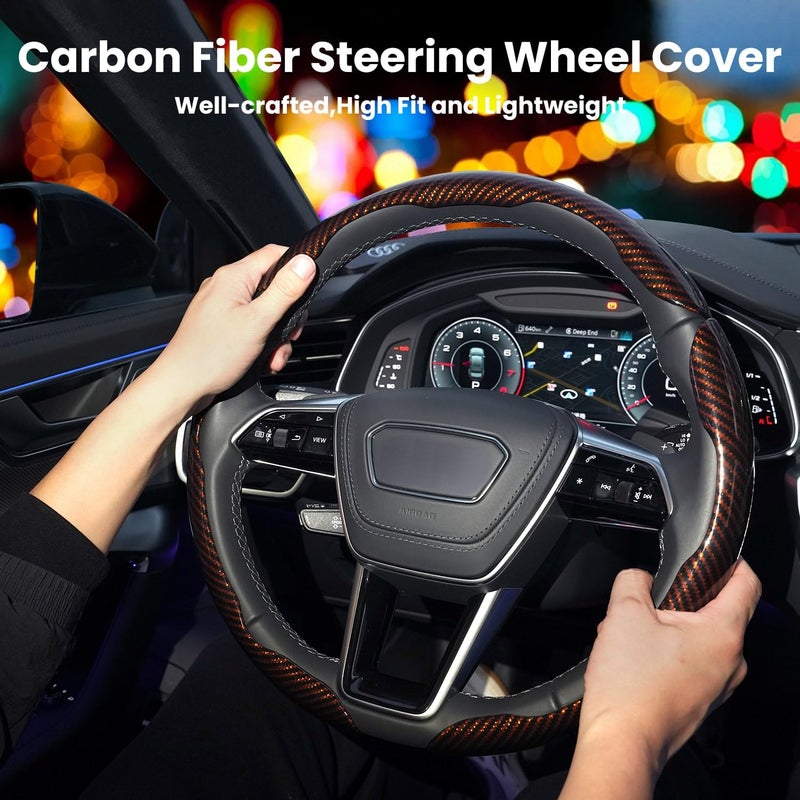 Hiseanllo Carbon Fiber Steering Wheel Cover 3PCS Set â€“ Anti-Slip, Scratch-Resistant, Universal Fit for 14â€“16 Inch Wheels â€“ Interior Car Accessories for Cars, SUVs, Trucks (Brown) - Image 2