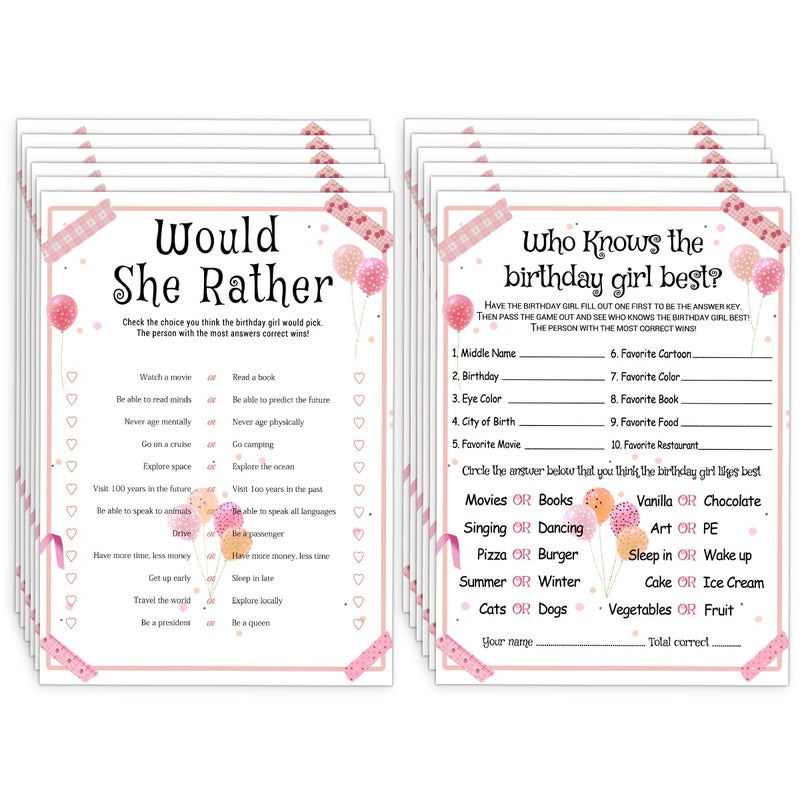 ALodr 20 Pcs Who Knows the Birthday Girl Best Would She Rather Games for Girl Birthday Party Funny Birthday Party Games Double Sided 5x7 Inches