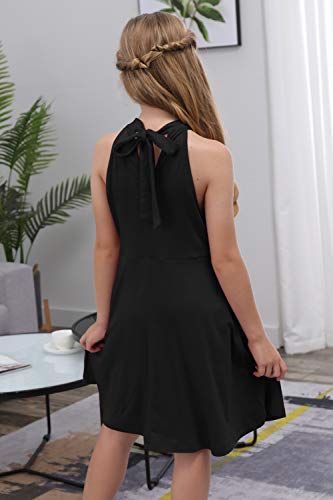 GORLYA Girl's Halter Neck Cold Shoulder Sleeveless Summer Casual Sundress A-line Dress with Pockets for 4-12 Years(GOR1013,10Y,Black) - Image 2