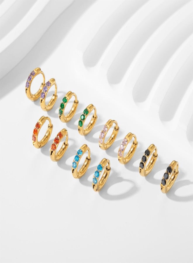 showself 6MM Gold Huggie Hoop Earrings Pink Stone - 20G Surgical Stainless Steel Plated 14K Gold Cubic Zirconia CZ Tiny Hug Hoop Earring - Mini Hugger Cartilage Helix Tragus Rook Small Snug Hoop Earrings - Image 3