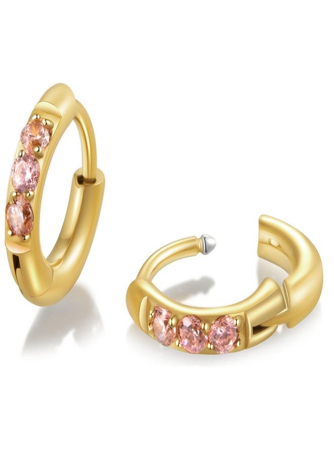 showself 6MM Gold Huggie Hoop Earrings Pink Stone - 20G Surgical Stainless Steel Plated 14K Gold Cubic Zirconia CZ Tiny Hug Hoop Earring - Mini Hugger Cartilage Helix Tragus Rook Small Snug Hoop Earrings - Image 1