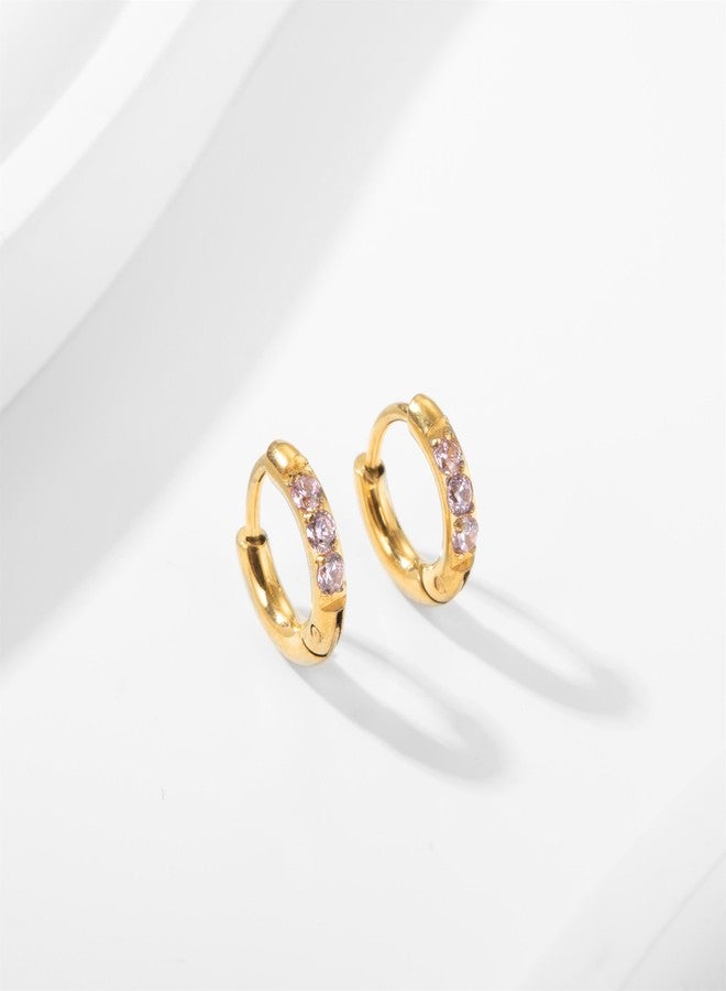 showself 6MM Gold Huggie Hoop Earrings Pink Stone - 20G Surgical Stainless Steel Plated 14K Gold Cubic Zirconia CZ Tiny Hug Hoop Earring - Mini Hugger Cartilage Helix Tragus Rook Small Snug Hoop Earrings - Image 2