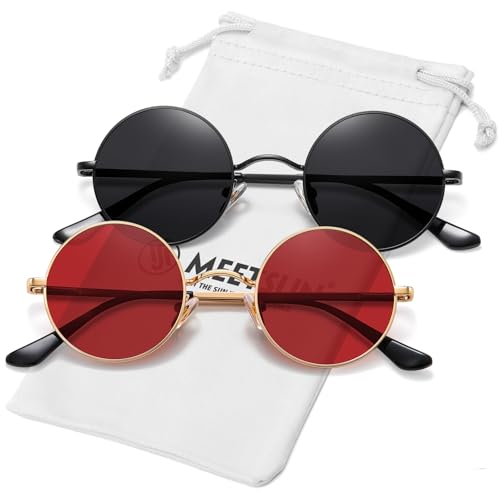 MEETSUN Small Round Polarized Sunglasses for Men Women Metal Retro Hippie Circle Sun Glasses Driving Festival Cosplay UV400(Black/Grey+Gold/Red) - Image 1