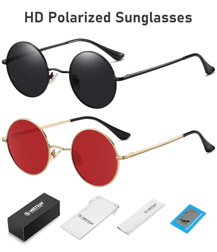 MEETSUN Small Round Polarized Sunglasses for Men Women Metal Retro Hippie Circle Sun Glasses Driving Festival Cosplay UV400(Black/Grey+Gold/Red) - Image 5