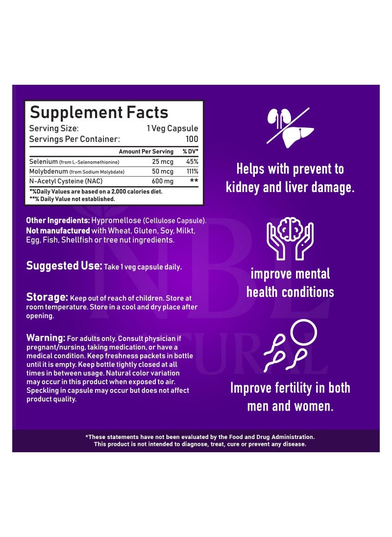 NBL Natural NBL Natural NAC (N-Acetyl Cysteine) 600 mg with Selenium & Molybdenum, 100 Veg Capsules  - Image 5
