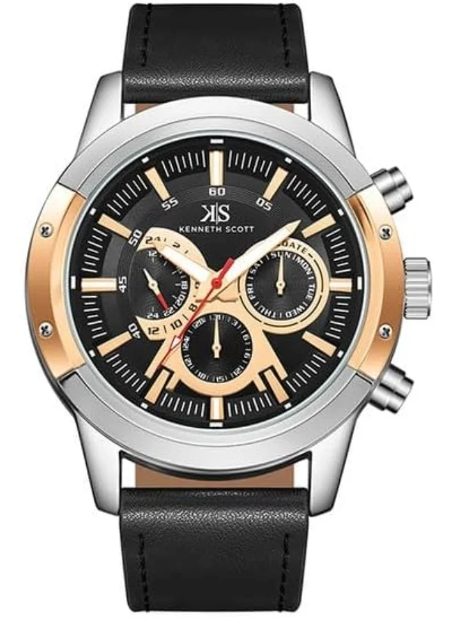 KENNETH SCOTT Kenneth Scott Men's Epson VX9J Movement Watch, Analog Display and Leather Strap - K24121-SLBBK, Black