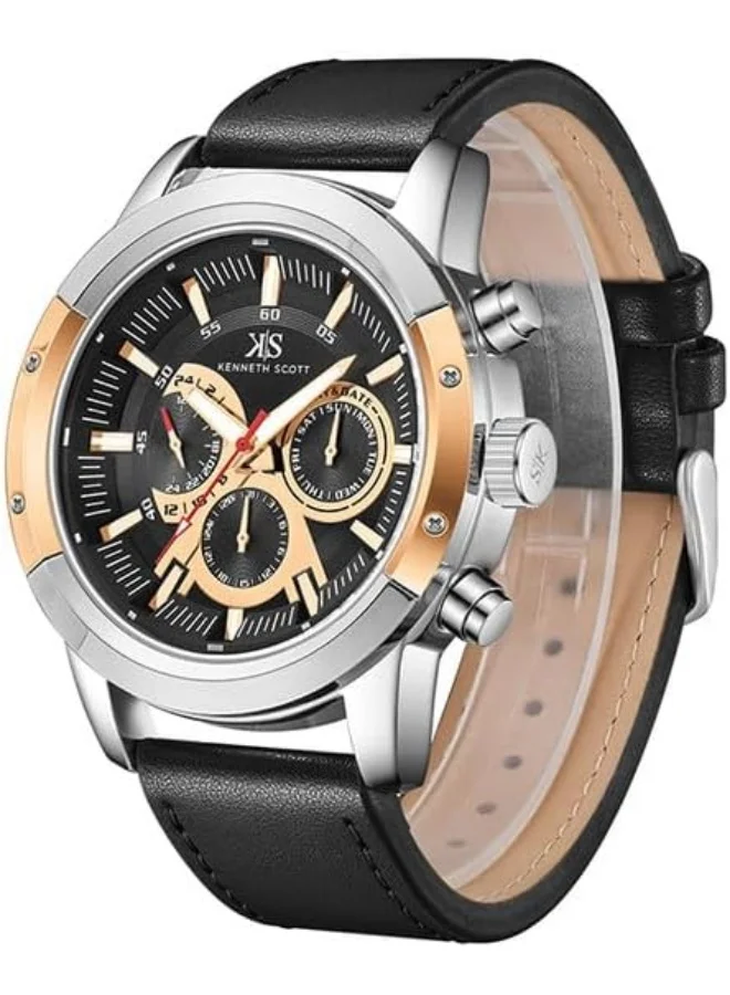 KENNETH SCOTT Kenneth Scott Men's Epson VX9J Movement Watch, Analog Display and Leather Strap - K24121-SLBBK, Black