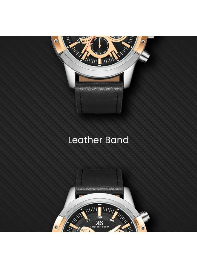 Kenneth Scott Black Kenneth Scott Men's Epson VX9J Movement Watch, Analog Display and Leather Strap - K24121-SLBBK, Black for Men | Best Price UAE