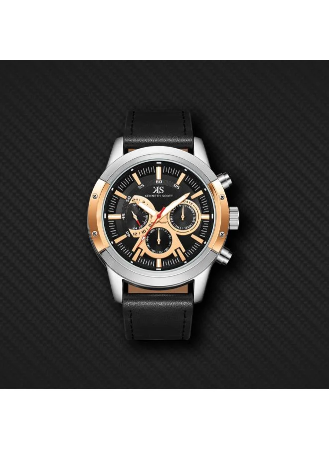 Kenneth Scott Black Kenneth Scott Men's Epson VX9J Movement Watch, Analog Display and Leather Strap - K24121-SLBBK, Black for Men | Best Price UAE
