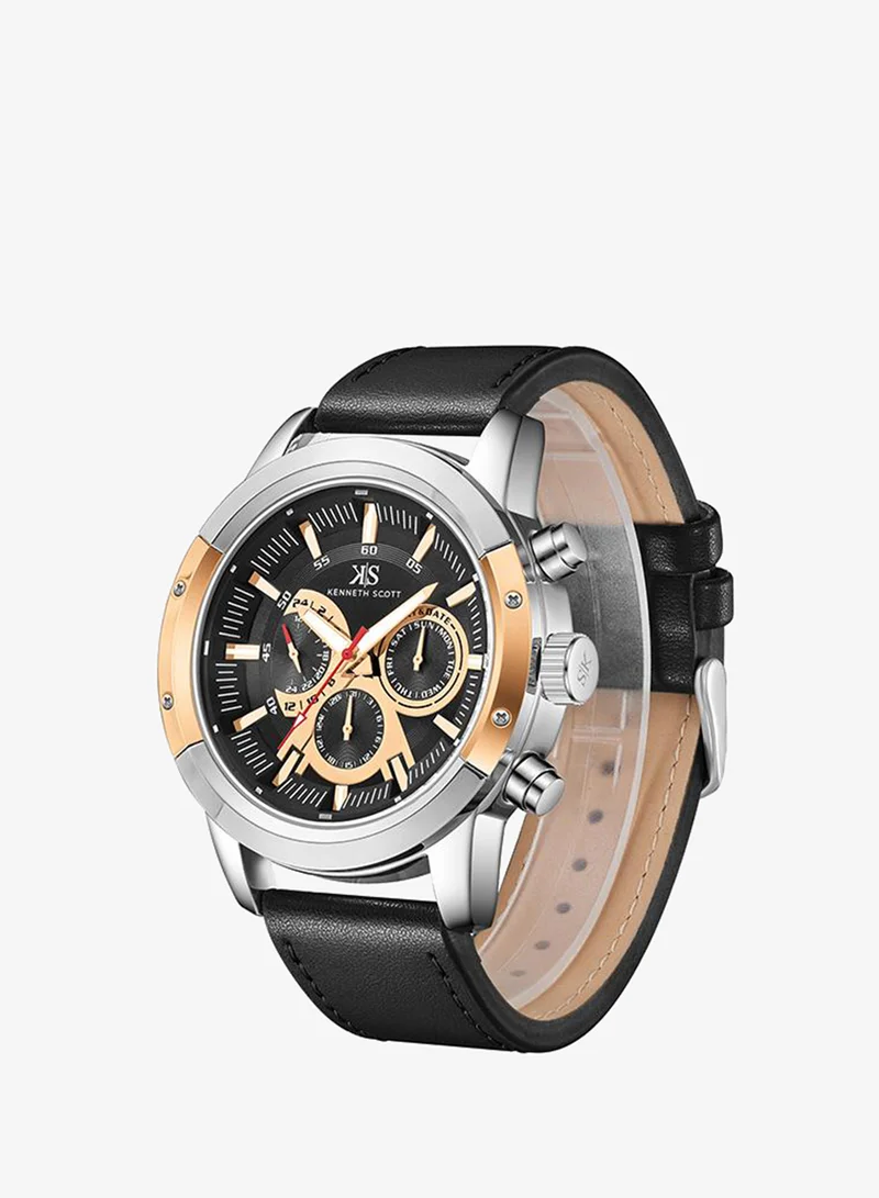 Kenneth Scott Black Kenneth Scott Men's Epson VX9J Movement Watch, Analog Display and Leather Strap - K24121-SLBBK, Black for Men | Best Price UAE
