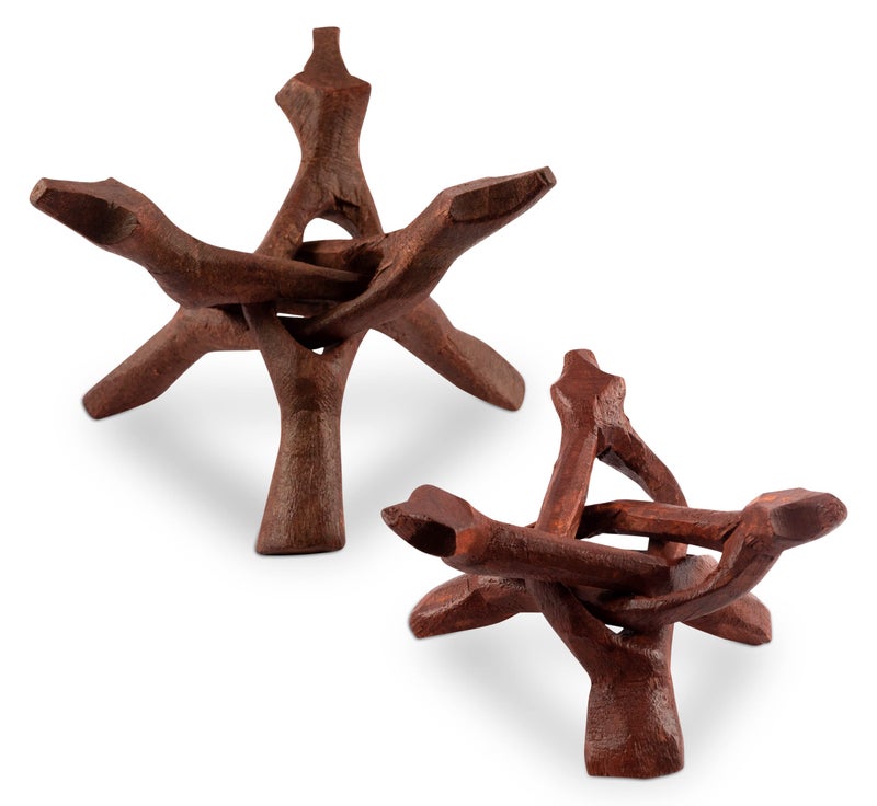 Wish Well 2 Piece Wooden Tripod Stand - 4" & 6" Hand-Carved Room Decor Holder ~ Ideal for Abalone Shell, Decorative Bowl, Crystal Ball, Sphere, Geode ~ Wood Display Stand & Perfect Crystal Holder - Image 1