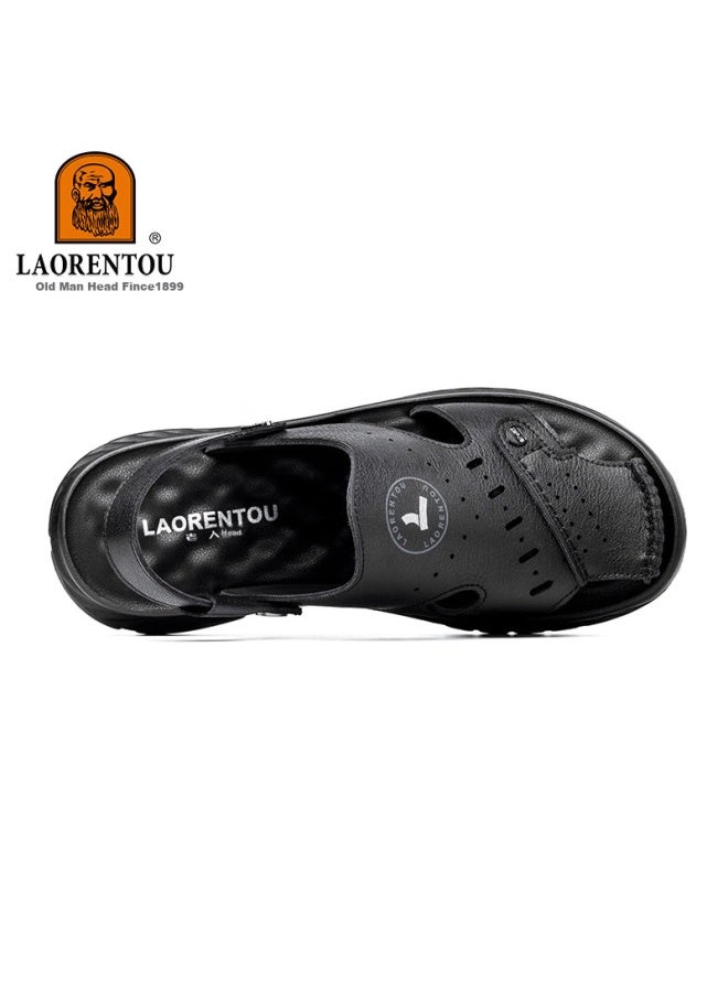 Laorentou Men's Sandals, Summer Beach Shoes, Outdoor Non-slip Sandals, Anti-collision Leather Sandals For Men, Lt69, Black, Size 38