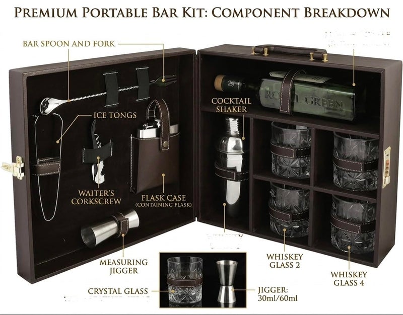 Anything & Everything Portable Bar Set | Portable Leatherette Bar Set | Wine Case | Whisky Case | Portable Bar Accessories Set (Holds 01 Bottle & 04 Whisky Glasses) (Brown & Beige) - Image 3