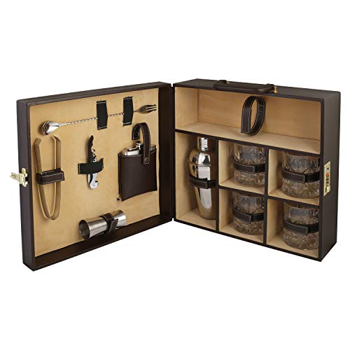 Anything & Everything Portable Bar Set | Portable Leatherette Bar Set | Wine Case | Whisky Case | Portable Bar Accessories Set (Holds 01 Bottle & 04 Whisky Glasses) (Brown & Beige) - Image 2