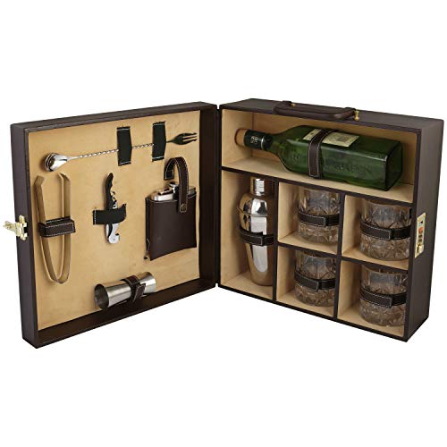 Anything & Everything Portable Bar Set | Portable Leatherette Bar Set | Wine Case | Whisky Case | Portable Bar Accessories Set (Holds 01 Bottle & 04 Whisky Glasses) (Brown & Beige) - Image 1