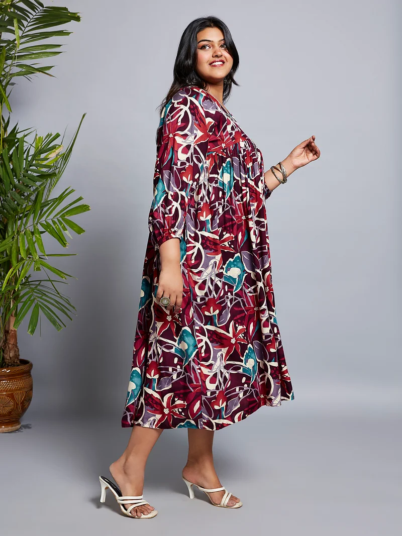 globus Gloplus Women V-Neck Floral Print Gathered A-Line Plus Size Midi Fusion Dress