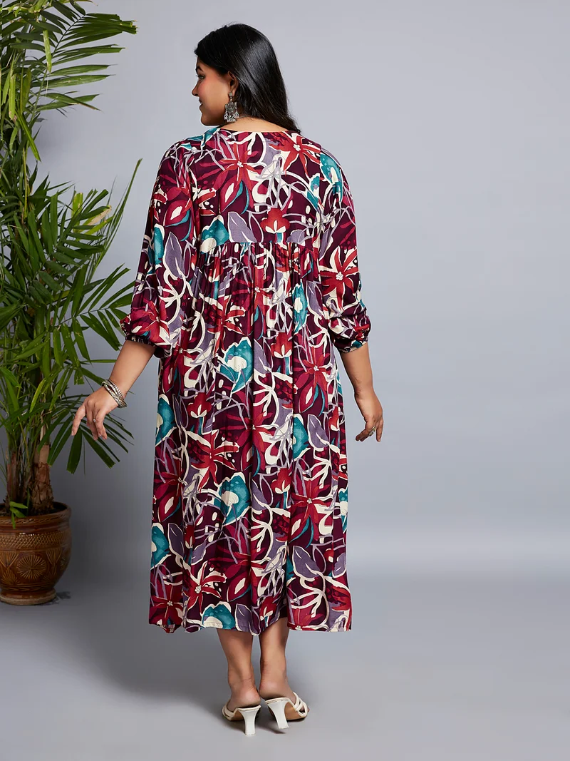 globus Gloplus Women V-Neck Floral Print Gathered A-Line Plus Size Midi Fusion Dress
