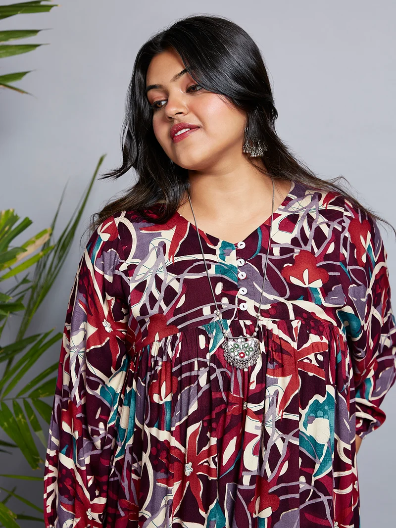 globus Gloplus Women V-Neck Floral Print Gathered A-Line Plus Size Midi Fusion Dress