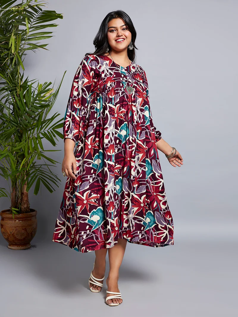 globus Gloplus Women V-Neck Floral Print Gathered A-Line Plus Size Midi Fusion Dress