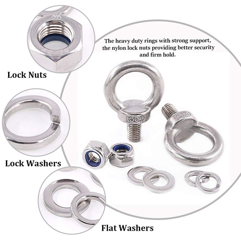 Glarks 8Pcs M12 Heavy Duty Screw Bolt, 304 Stainless Steel Male Thread Machinery Shoulder Lifting Ring Eye Bolt with Lock Nuts/Lock Washers/Flat Washers Set - Image 3