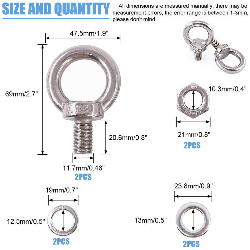 Glarks 8Pcs M12 Heavy Duty Screw Bolt, 304 Stainless Steel Male Thread Machinery Shoulder Lifting Ring Eye Bolt with Lock Nuts/Lock Washers/Flat Washers Set - Image 2