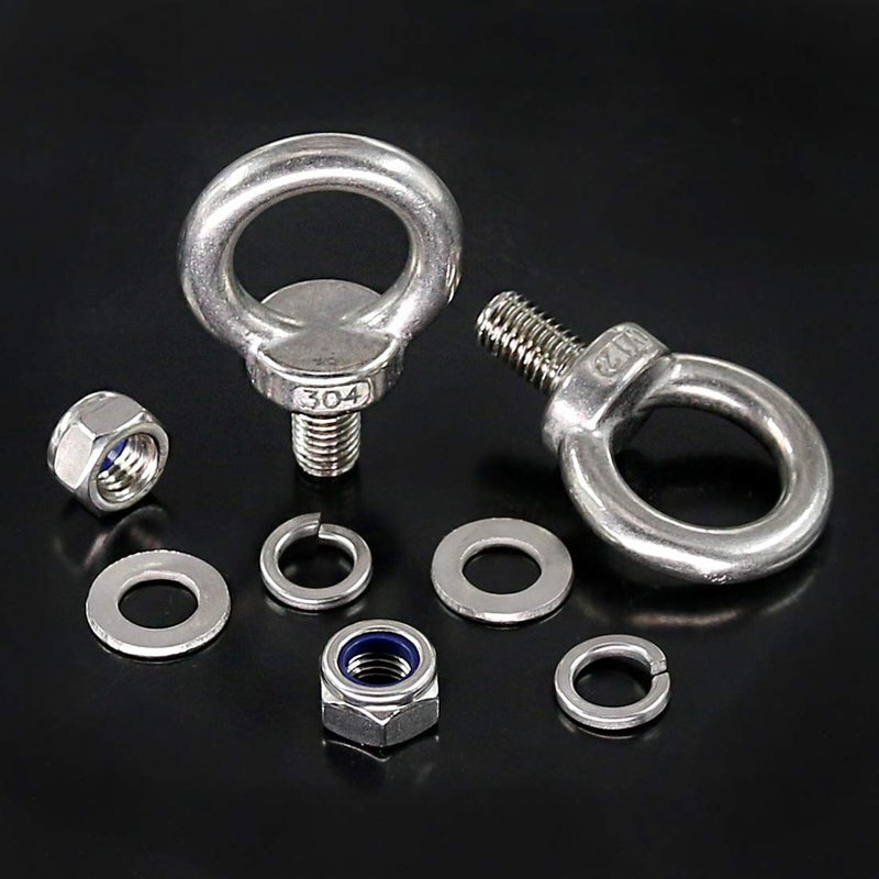 Glarks 8Pcs M12 Heavy Duty Screw Bolt, 304 Stainless Steel Male Thread Machinery Shoulder Lifting Ring Eye Bolt with Lock Nuts/Lock Washers/Flat Washers Set - Image 5
