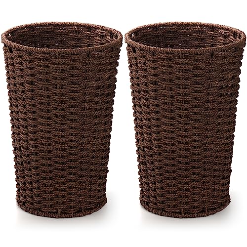 Bekith 2 Pack Small Wicker Waste Paper Basket Woven Basket Trash Can Wastebasket, Decorative Round Garbage Container Bin for Bedroom, Bathroom, Home Offices, Laundry, Brown - Image 1