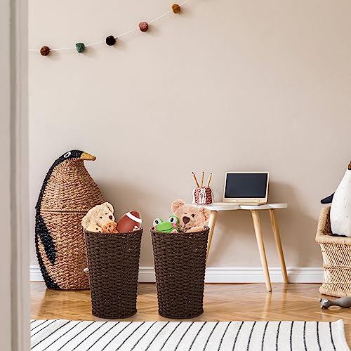 Bekith 2 Pack Small Wicker Waste Paper Basket Woven Basket Trash Can Wastebasket, Decorative Round Garbage Container Bin for Bedroom, Bathroom, Home Offices, Laundry, Brown - Image 4