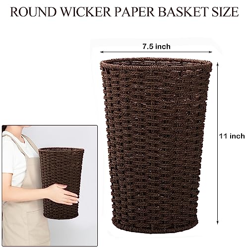 Bekith 2 Pack Small Wicker Waste Paper Basket Woven Basket Trash Can Wastebasket, Decorative Round Garbage Container Bin for Bedroom, Bathroom, Home Offices, Laundry, Brown - Image 2