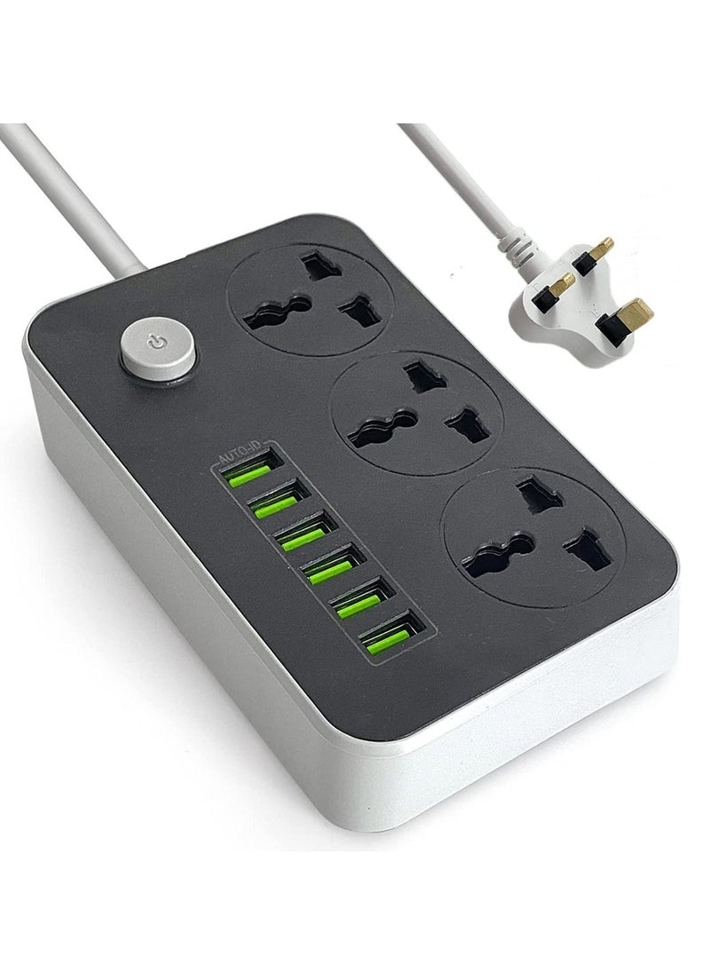 BGM Power Strips Extension Cord 3 Outlets, Power Socket with 6 USB Ports Universal Charging Socket with 2M Bold Extension Cord  - Image 1