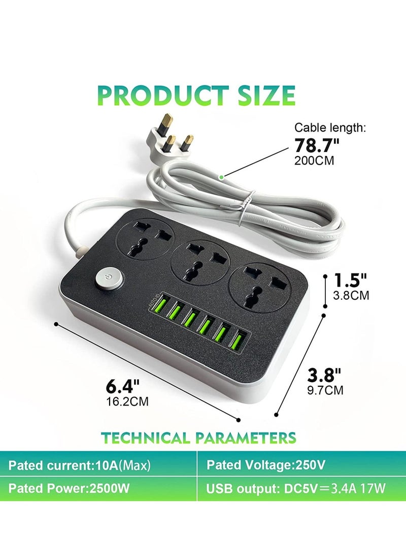 BGM Power Strips Extension Cord 3 Outlets, Power Socket with 6 USB Ports Universal Charging Socket with 2M Bold Extension Cord  - Image 3