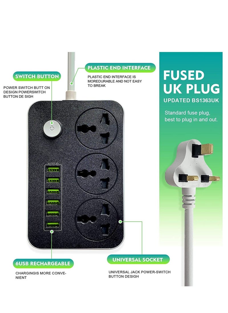 BGM Power Strips Extension Cord 3 Outlets, Power Socket with 6 USB Ports Universal Charging Socket with 2M Bold Extension Cord  - Image 2