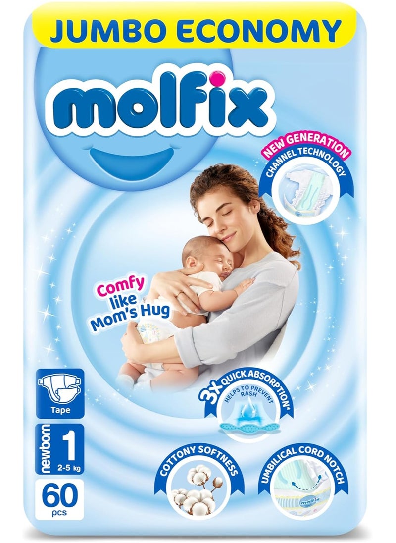 Molfix 60 Piece -Comfort Fix Diapers 3D Size 1 Newborn 2-5 Kg Jumbo Promo - Packaging may vary  - Image 1