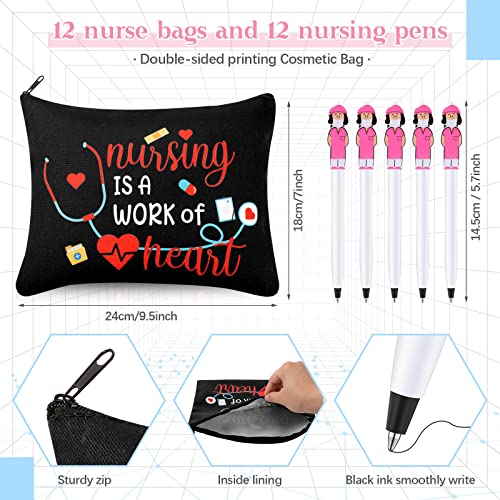 LEIFIDE 24 Pcs CNA Week Gifts 2025 Bulk Rn Nurses' Day Appreciation Gifts for Women Include 12 Canvas Makeup Cosmetic Bag with Zipper and 12 Ballpoint Pen Accessories for Graduation(Adorable Style) - Image 2