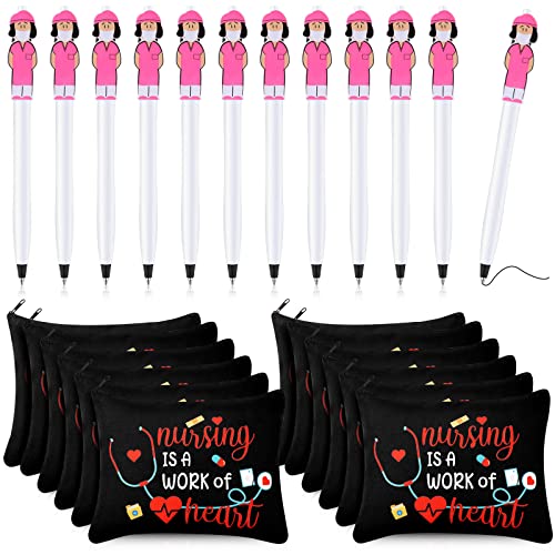 LEIFIDE 24 Pcs CNA Week Gifts 2025 Bulk Rn Nurses' Day Appreciation Gifts for Women Include 12 Canvas Makeup Cosmetic Bag with Zipper and 12 Ballpoint Pen Accessories for Graduation(Adorable Style) - Image 1