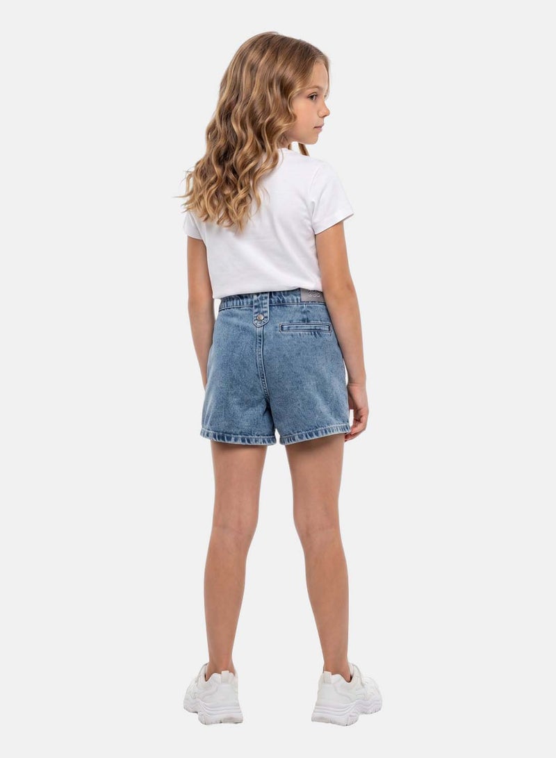 FOREVER 21 Girls' Pleated Acid Wash Denim Shorts, Relaxed Fit - Image 2