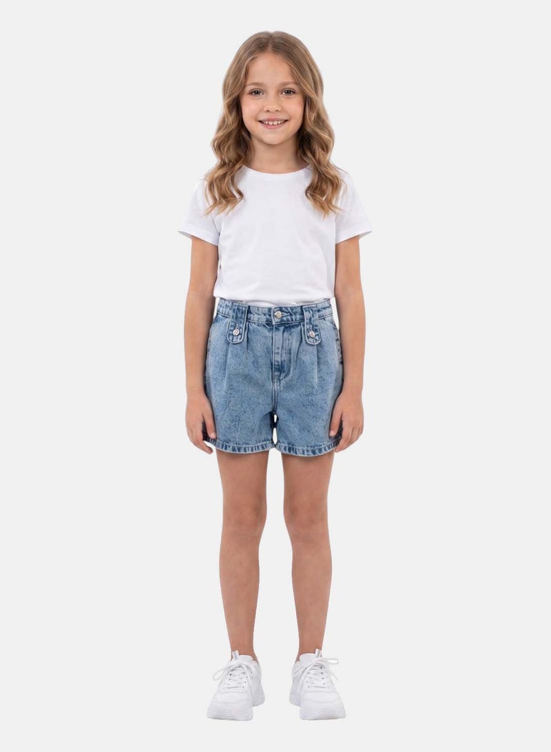 FOREVER 21 Girls' Pleated Acid Wash Denim Shorts, Relaxed Fit - Image 1