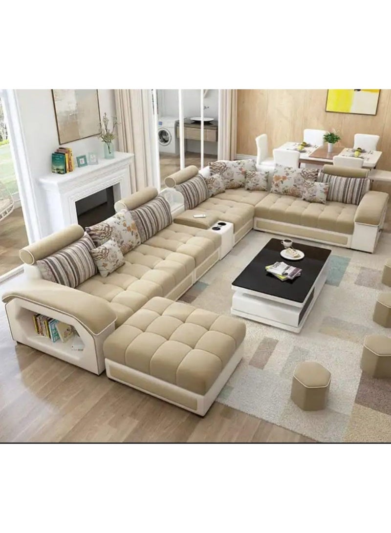 Al Zakharef Furniture Mississippi Luxury U-Shaped Modular Sofa Set (Tan) – Velvet Fabric Sectional Couch with Solid Wood Frame, Storage Armrest & Soft Cushions – Modern Living Room Furniture - Image 1