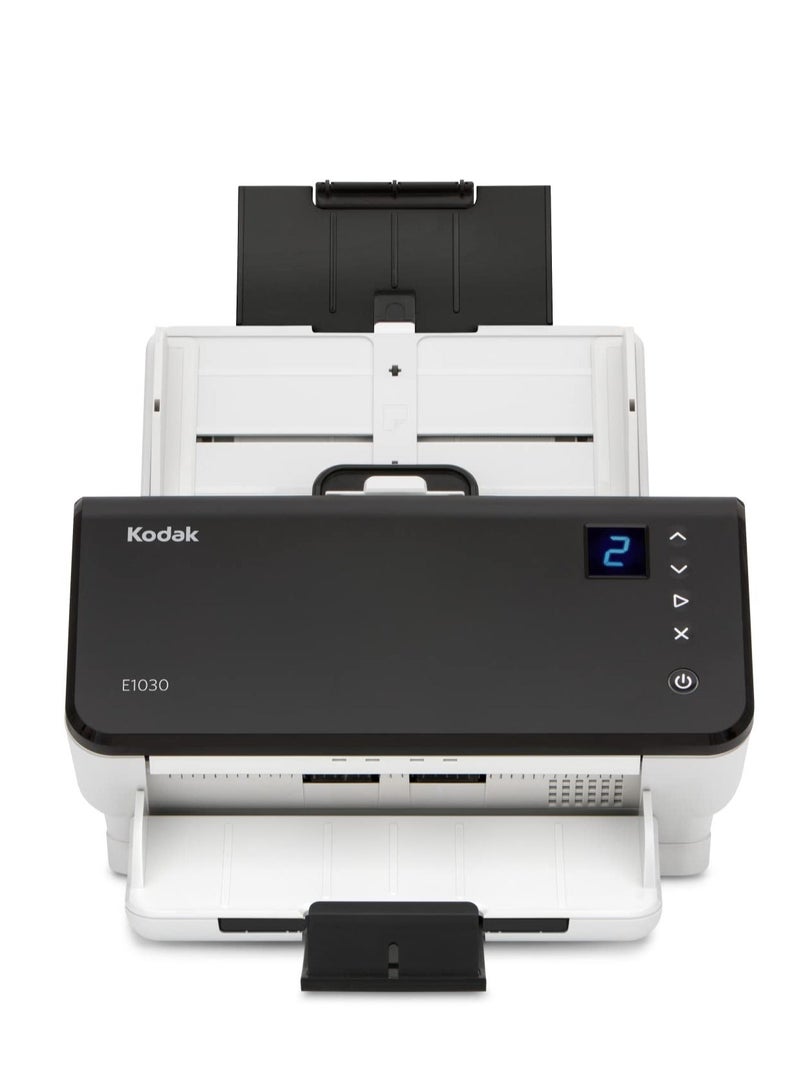 Kodak alaris Alaris E1030 Scanner with Passport Flatbed Accessory, 30 PPM Simplex, 60 IPM Duplex, 600 DPI Optical Resolution, 80 Sheet ADF, Dual CIS Sensors, OCR & Perfect Page Technology, Intelligent Document Protection, Multi Feed Detection, USB 3.0 Connectivity, Scan to PDF TIFF JPEG PNG RTF TXT, Long Document Mode 118 Inches, 4000 Daily Duty Cycle, ID Card Passport Insurance Card Support, ENERGY STAR & EPEAT Certified, Professional Office Document Scanner White Black - Image 1