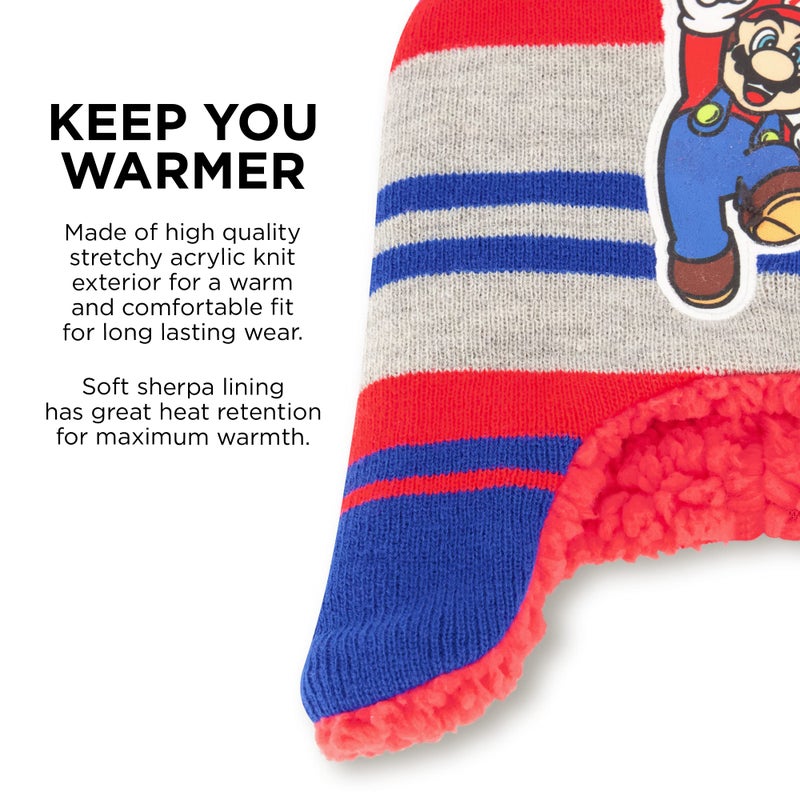 Nintendo Boys Winter Hat And Kids Gloves Set, Super Mario Beanie For Ages 4-7, GRAY/BLUE with Fleece - Image 4