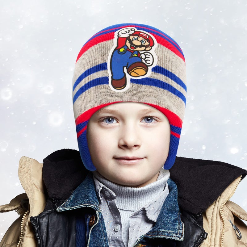 Nintendo Boys Winter Hat And Kids Gloves Set, Super Mario Beanie For Ages 4-7, GRAY/BLUE with Fleece - Image 2
