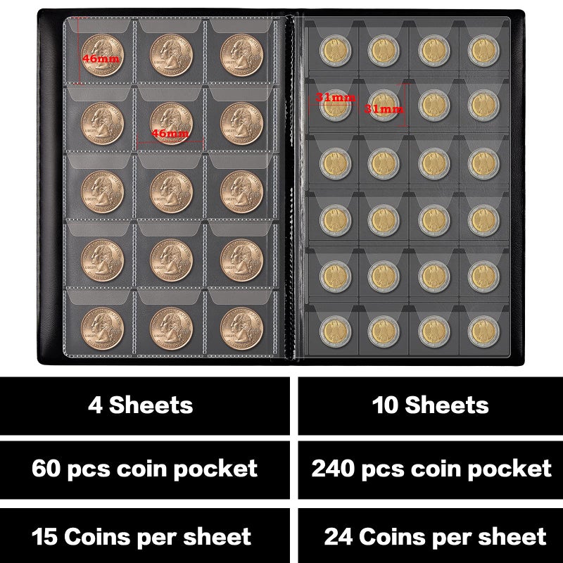 ANKHOH Coin Collection Book Holder Album for Collectors, 300 Pockets Coins Display Storage Case, Collecting Sleeves Organizer Box for Collections Supplies, Money Currency, Pennies (Black) - Image 4