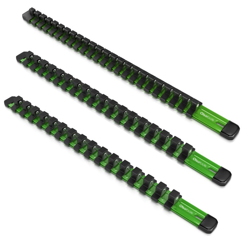 Olsa Tools Aluminum Socket Organizer, 3pc Set - Green Socket Holder Kit 1/2-Inch, 3/8-Inch, and 1/4-Inch Drive - Holds 58 Chrome or Impact Sockets - Professional Grade Socket Rails - Part: 1102