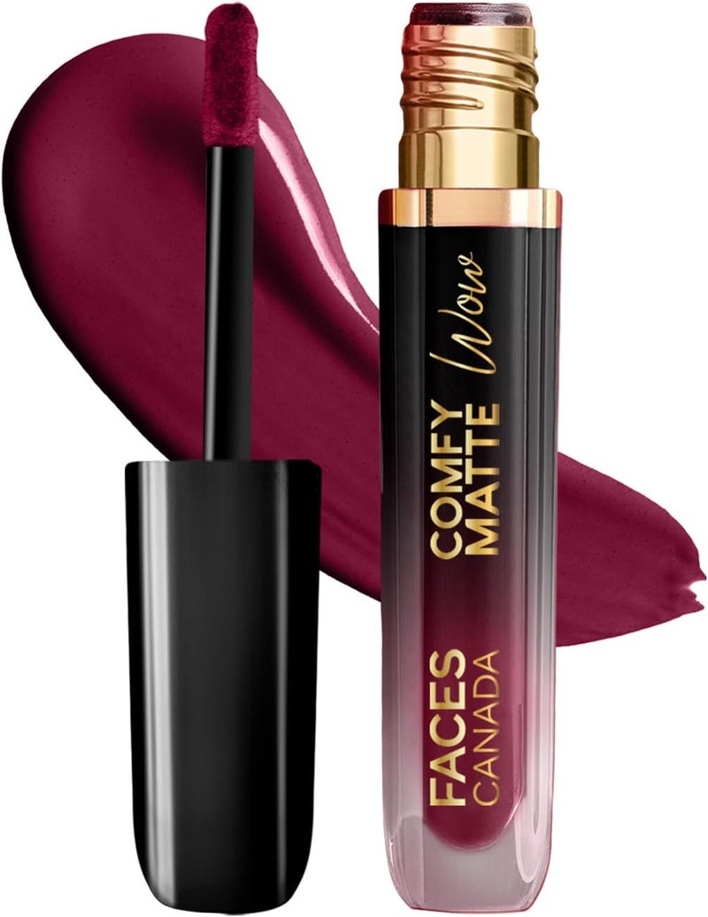 FACES CANADA Comfy Matte Wow Liquid Lipstick Plum Passion 04 38ml One Swipe Application Highly Pigmented Comfortable Wear Glides Smoothly Long Lasting Transferproof