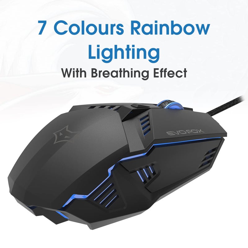 EvoFox Shadow Optical USB Wired Gaming Mouse with Upto 3600 DPI Gaming Sensor | 6 Buttons Design | 7 Million Clicks | 7 Colours Rainbow Lighting with Breathing Effect | 1.8m Braided Cable (Black) - Image 4
