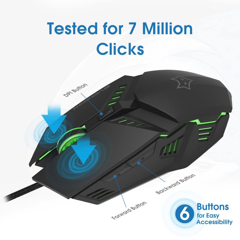 EvoFox Shadow Optical USB Wired Gaming Mouse with Upto 3600 DPI Gaming Sensor | 6 Buttons Design | 7 Million Clicks | 7 Colours Rainbow Lighting with Breathing Effect | 1.8m Braided Cable (Black) - Image 5