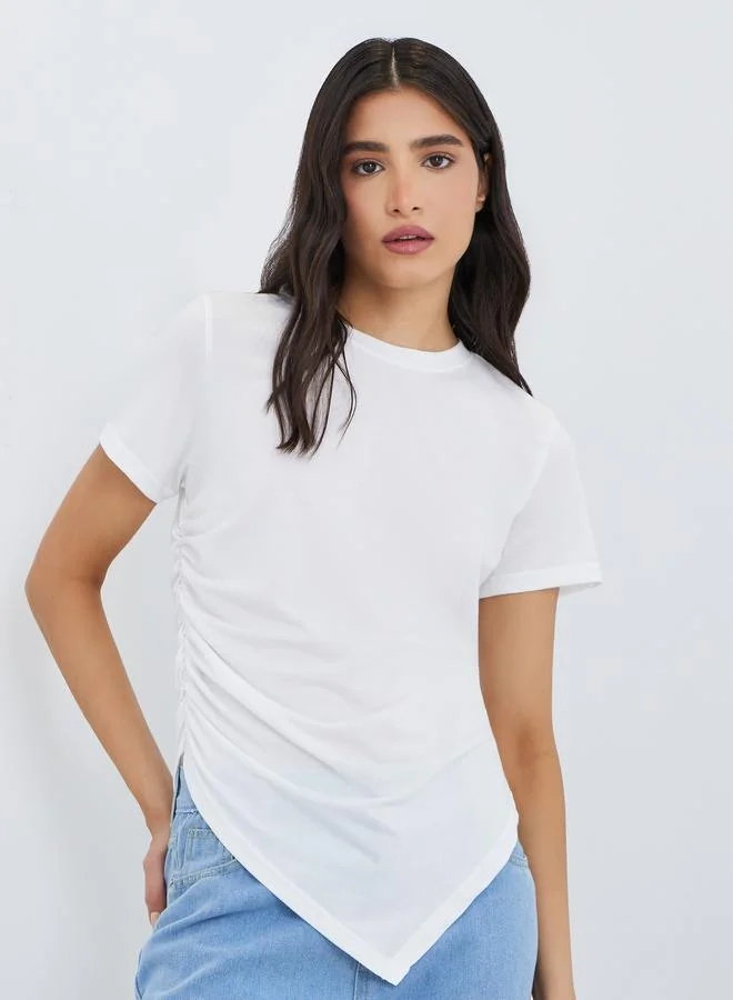 Take Two Asymmetric Hem T-Shirt with Side Gathered Detail