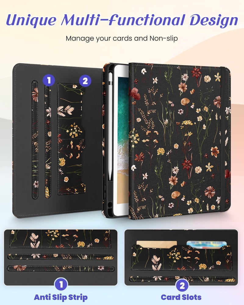 Kidcube for iPad 5th Generation Case 2017/Air 1st 2013/Pro 9.7 Inch Case 2016 - Women Girls Kids Cute Rotating Stand Folio Cover with Pencil Holder & Card Slot Girly Flowers Floral Unique Design Cover - Image 3