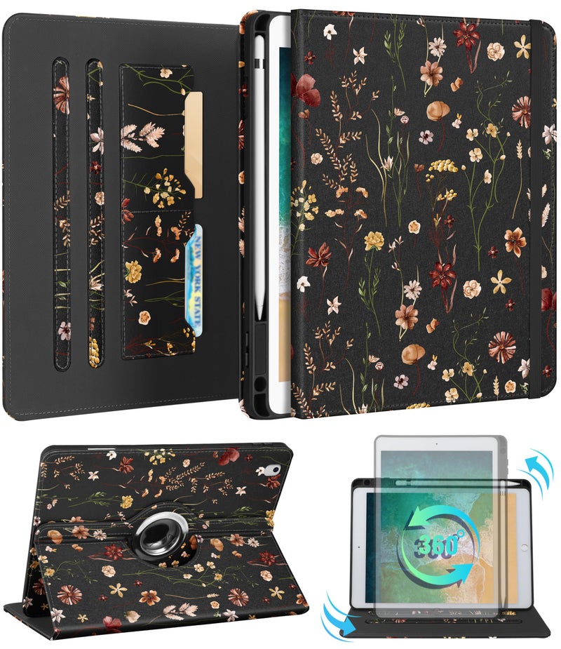 Kidcube for iPad 5th Generation Case 2017/Air 1st 2013/Pro 9.7 Inch Case 2016 - Women Girls Kids Cute Rotating Stand Folio Cover with Pencil Holder & Card Slot Girly Flowers Floral Unique Design Cover - Image 1