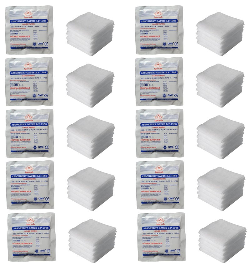 Agarwals Absorbent Gauze Swabs Sterile 10 cm X 10 cm X 12 ply (5Pcs/Pack)(Pack of 10 i.e. 50 Dressings) - Image 1